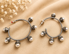 Pearl Bloom Oxidized Silver Hoop Earrings – Floral Pearl Charm Statement Hoops for Women | Elegant Ethnic & Boho Jewelry | The Mirage Fashion