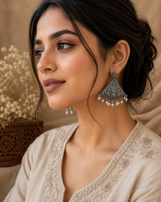 Pearl Fringe Oxidized Silver Triangle Earrings – Vintage Boho Statement Earrings for Women | Ethnic Pearl Drop Jewelry | The Mirage Fashion