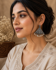Pearl Fringe Oxidized Silver Triangle Earrings – Vintage Boho Statement Earrings for Women | Ethnic Pearl Drop Jewelry | The Mirage Fashion