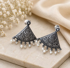 Pearl Fringe Oxidized Silver Triangle Earrings – Vintage Boho Statement Earrings for Women | Ethnic Pearl Drop Jewelry | The Mirage Fashion