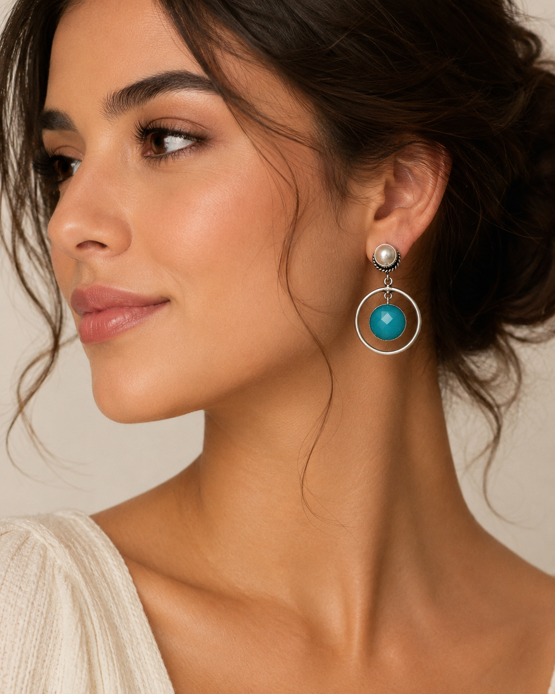 Pearl & Turquoise Hoop Drop Earrings for Women – Elegant Silver-Tone Statement Earrings  Contemporary Fashion Jewelry  The Mirage Fashion
