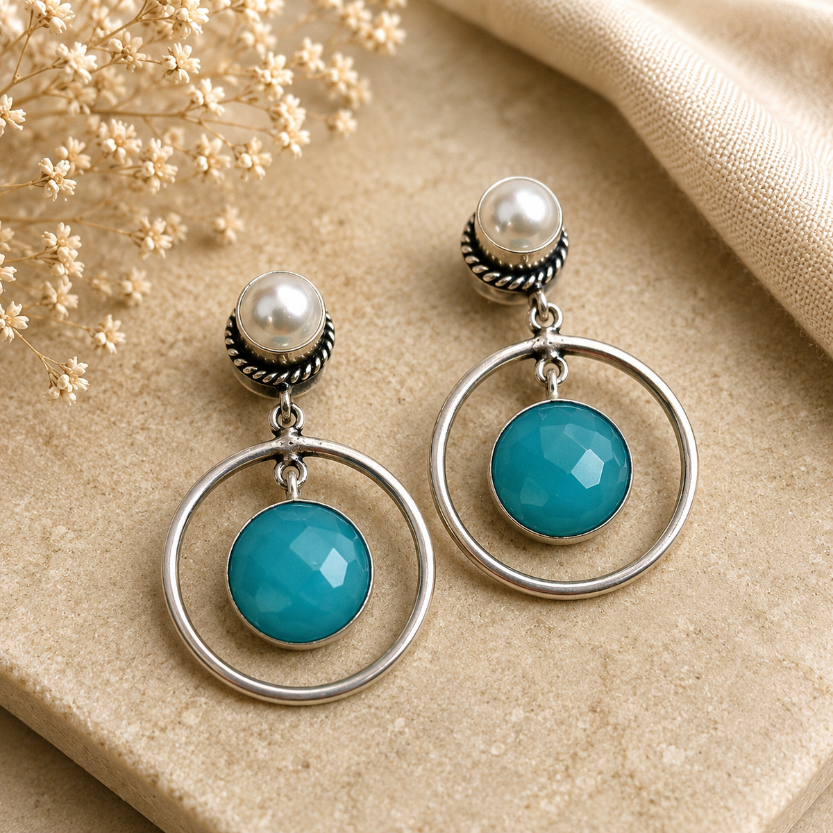 Pearl & Turquoise Hoop Drop Earrings for Women – Elegant Silver-Tone Statement Earrings  Contemporary Fashion Jewelry  The Mirage Fashion