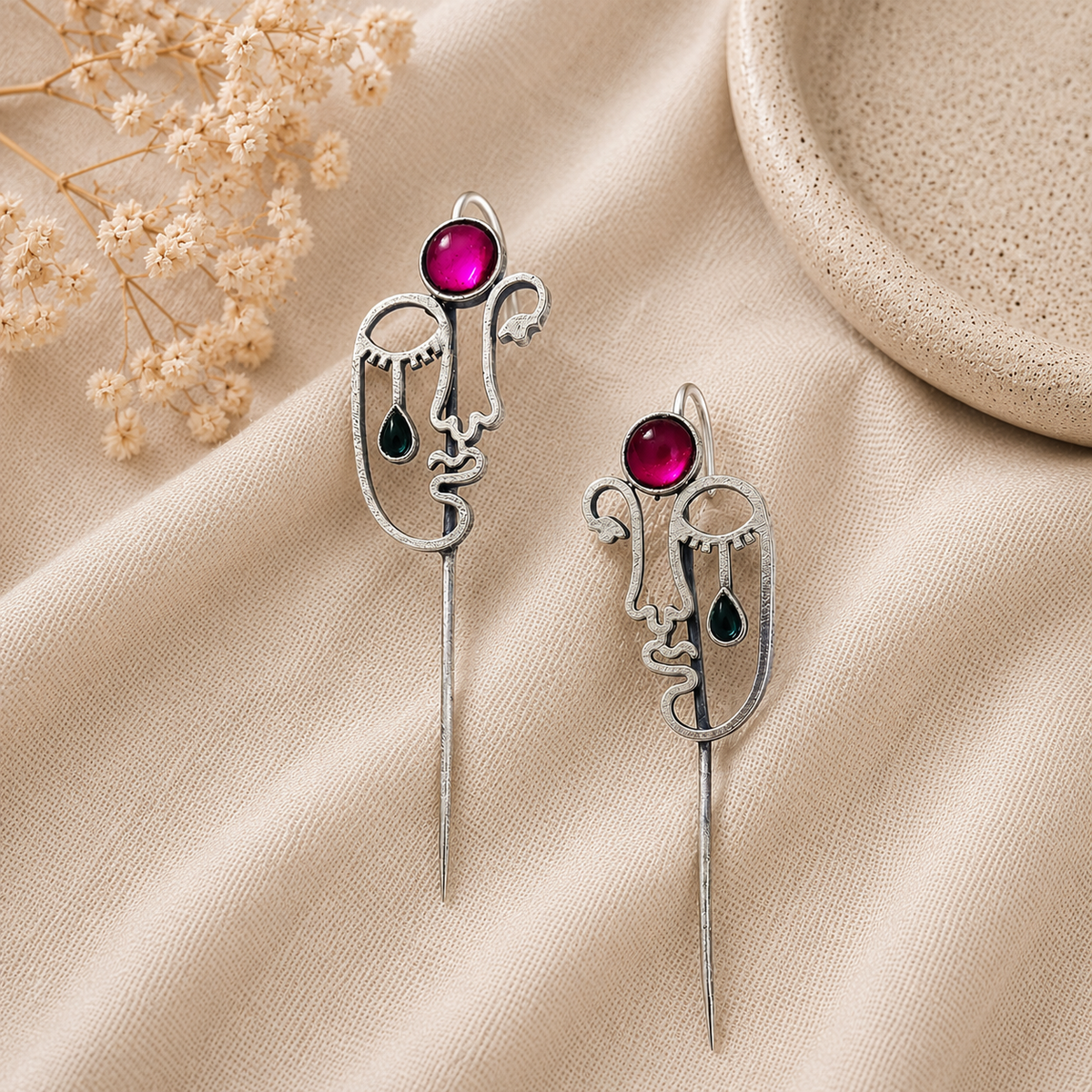 Picasso Muse Abstract Face Sculptural Silver Ear Cuff Earrings with Pink & Green Stones | Artistic Designer Ear Climber Earrings for Women | The Mirage Fashion