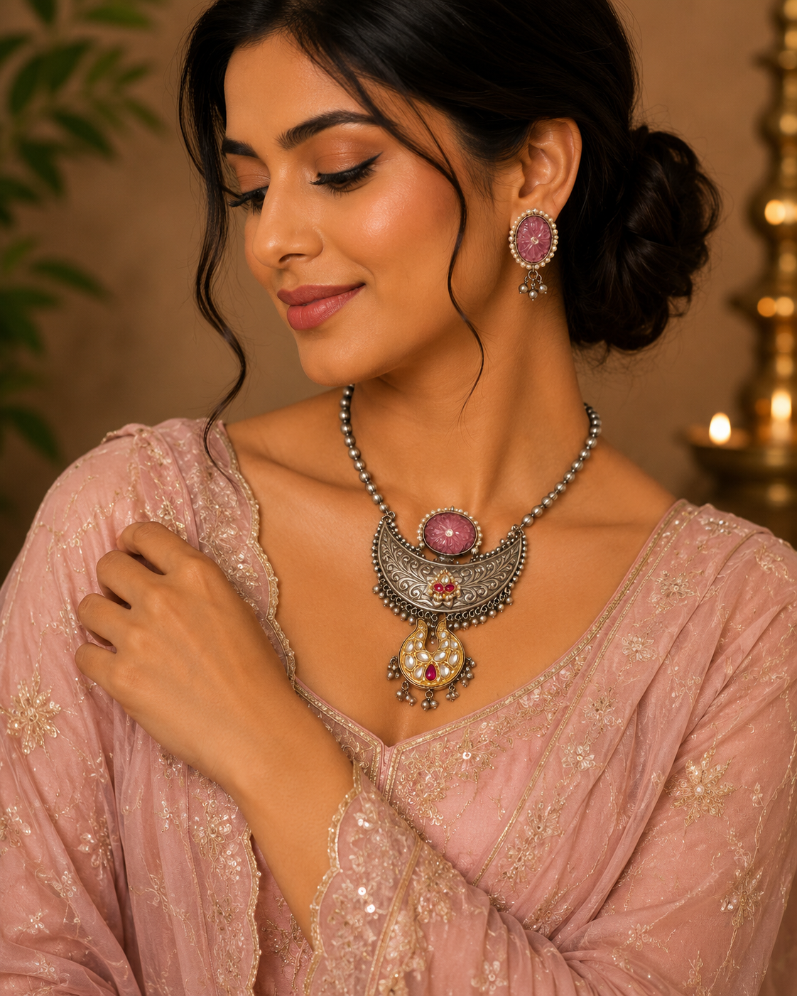Pink Kundan oxidized statement pendant necklace set with pearl detailing and matching earrings for women by The Mirage Fashion. 0n Punjabi dress 
