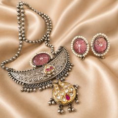 Pink Kundan Oxidized Statement Pendant Set for Women | The Mirage Fashion