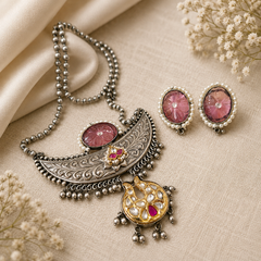 Pink Kundan oxidized statement pendant necklace set with pearl detailing and matching earrings for women by The Mirage Fashion.