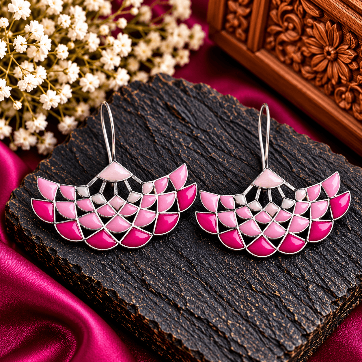 Pink mosaic fan-shaped drop earrings with geometric blush and fuchsia enamel sections and silver-tone outlines