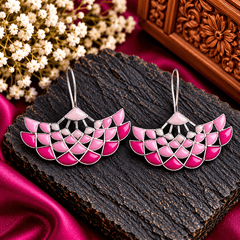 Pink mosaic fan-shaped drop earrings with geometric blush and fuchsia enamel sections and silver-tone outlines