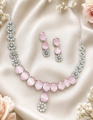 Elegant Pink Crystal Necklace Set with Earrings | Rose Stone Bridal & Party Wear Jewelry for Women