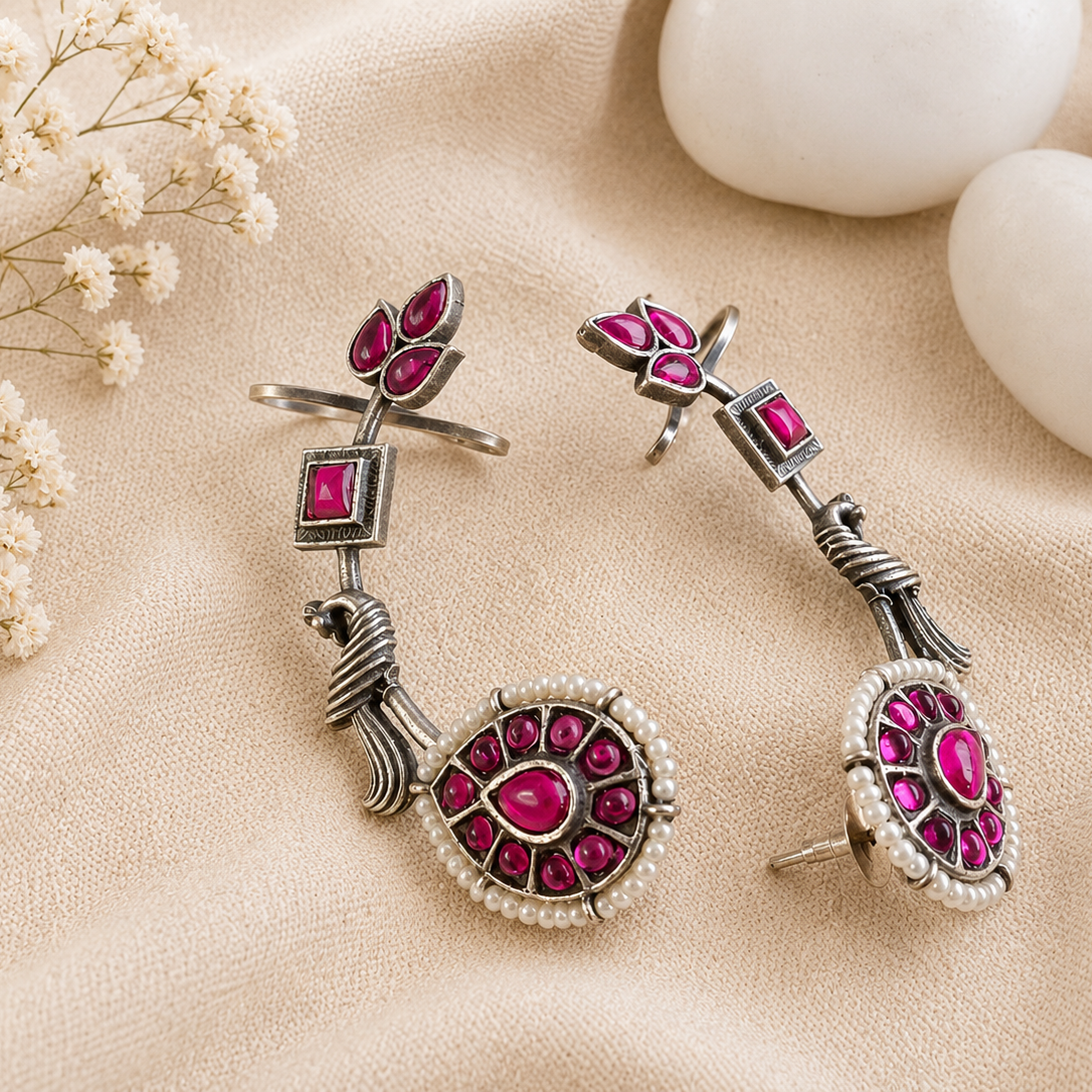 Pink Kundan Ear Cuff Earrings in Antique Silver – Statement Ear Climber Earrings for Women  Ethnic Fusion Jewelry  The Mirage Fashion 
