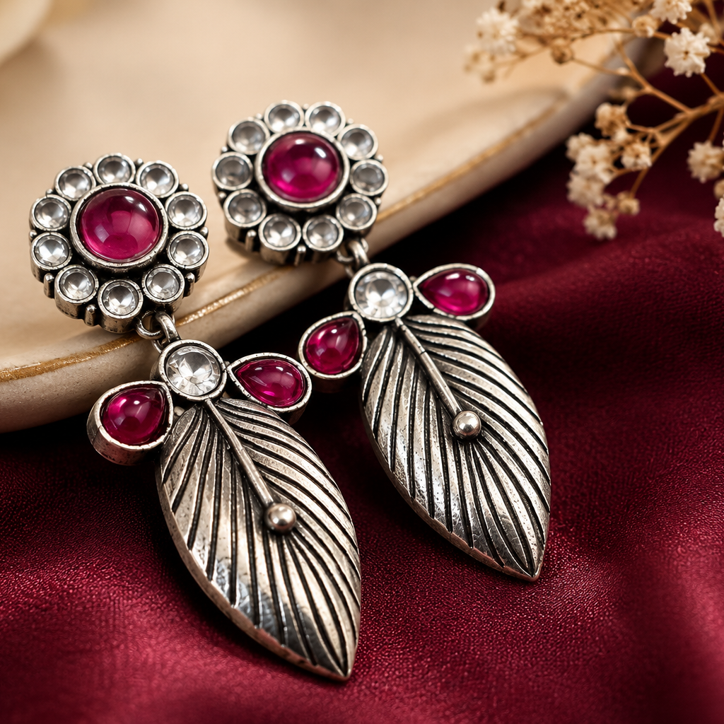 Pink Stone Leaf Drop Earrings for Women – Oxidized Silver Statement Earrings with Crystal Floral Studs  Ethnic & Party Wear Jewelry  The Mirage Fashion