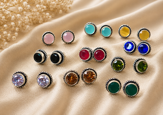 Rainbow Gemstone Oxidized Silver Stud Earrings Set – Multicolor Round Stone Studs for Women | Minimalist Everyday Ethnic Jewelry | The Mirage Fashion