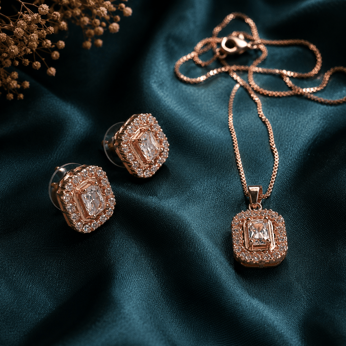 Rose gold crystal necklace and earrings set with rectangular pendant for women
