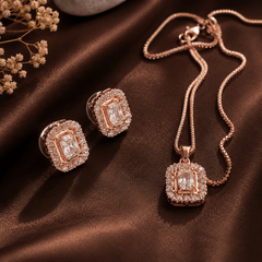 Rose gold crystal necklace and earrings set with rectangular pendant for women