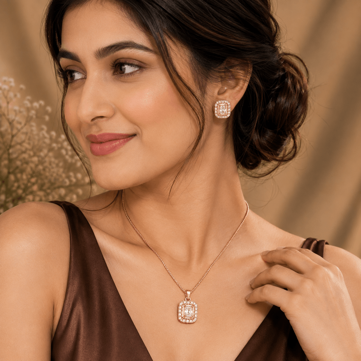 Rose gold crystal necklace and earrings set with rectangular pendant for women