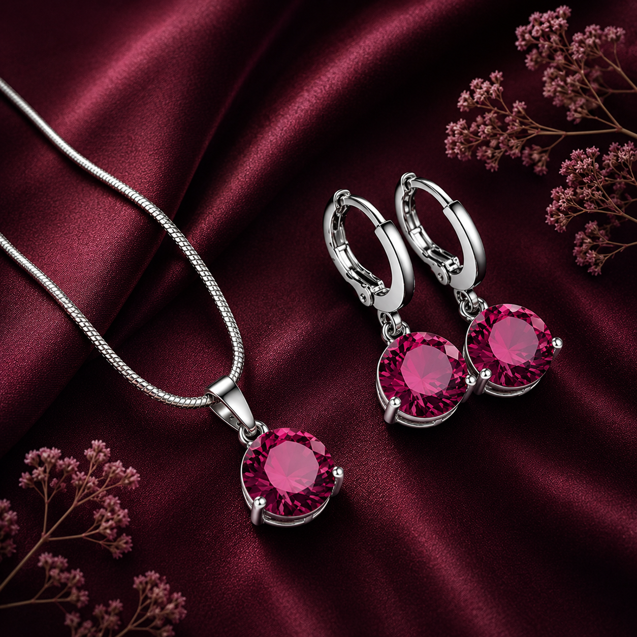 Red   crystal pendant necklace and matching earrings set for women