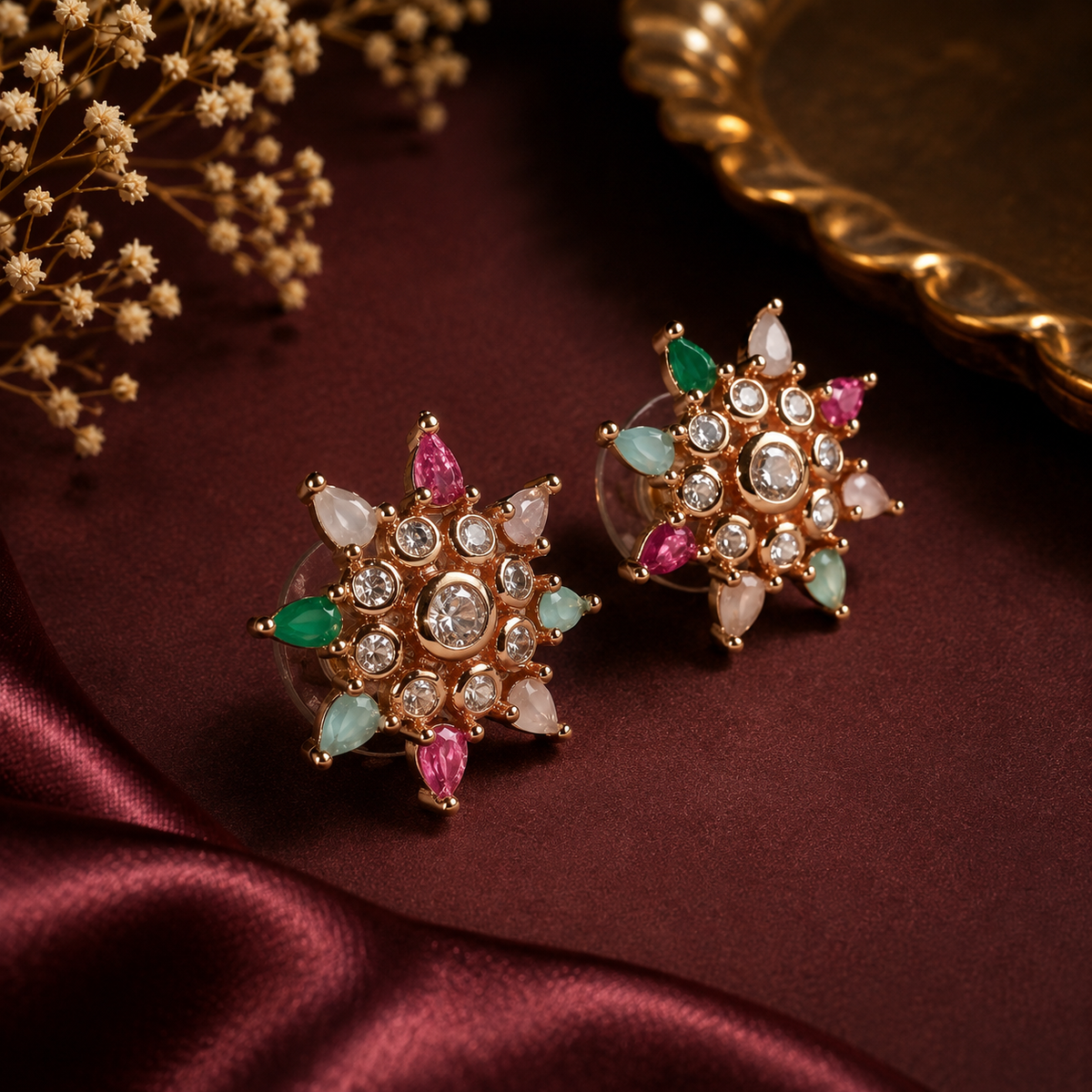 Multicolor Rose Gold Crystal Starburst Stud Earrings | The Mirage Fashion
