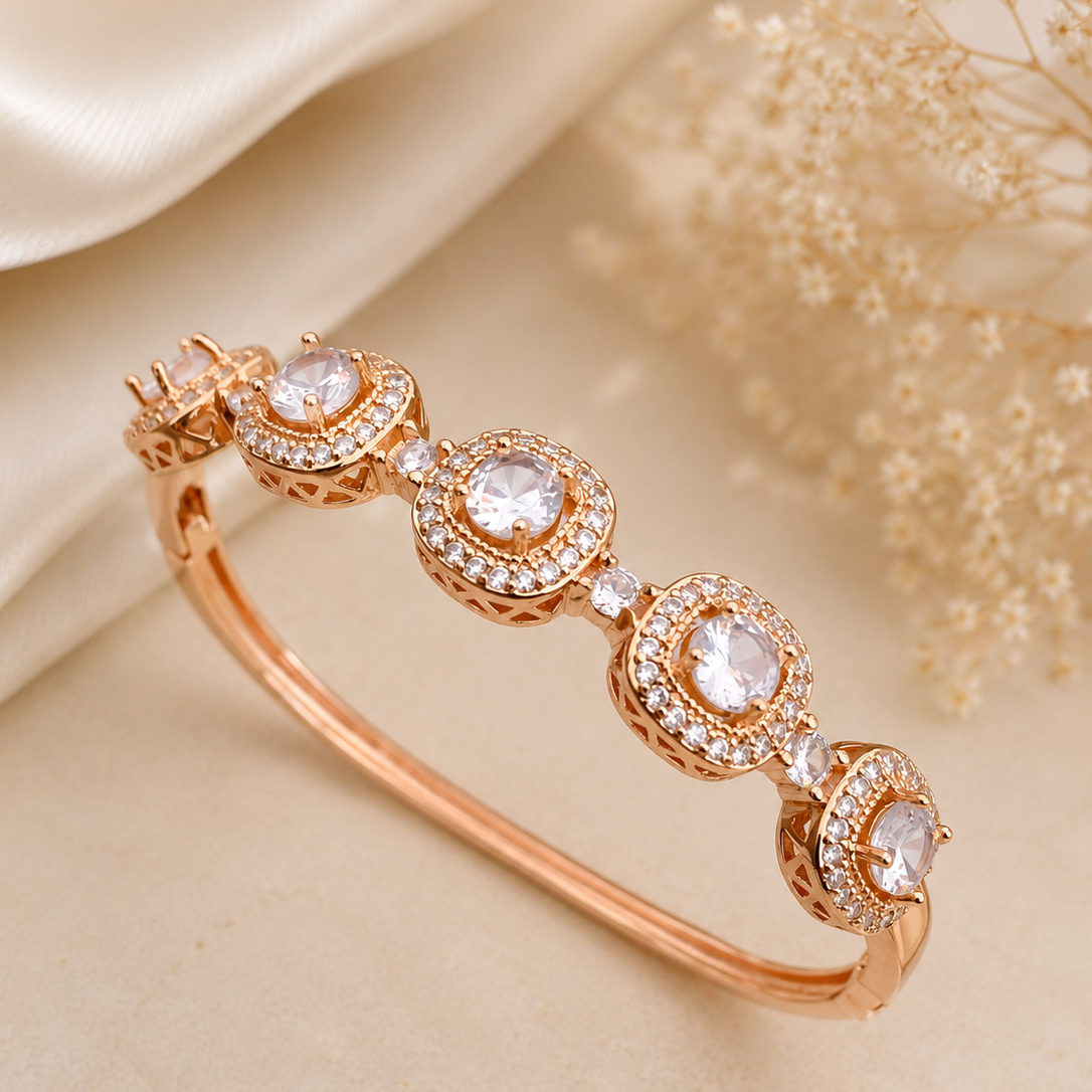 Rose Gold American Diamond Bracelet for Women with Circular Halo CZ Stones | The Mirage Fashion