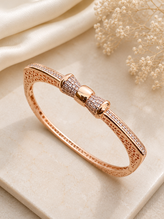 Rose Gold Bow American Diamond Bracelet for Women | Elegant CZ Designer Bracelet | The Mirage Fashion
