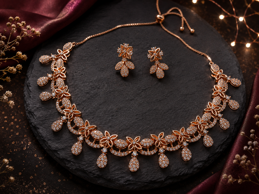 Rose Gold Floral American Diamond Necklace Set for Women  The Mirage Fashion