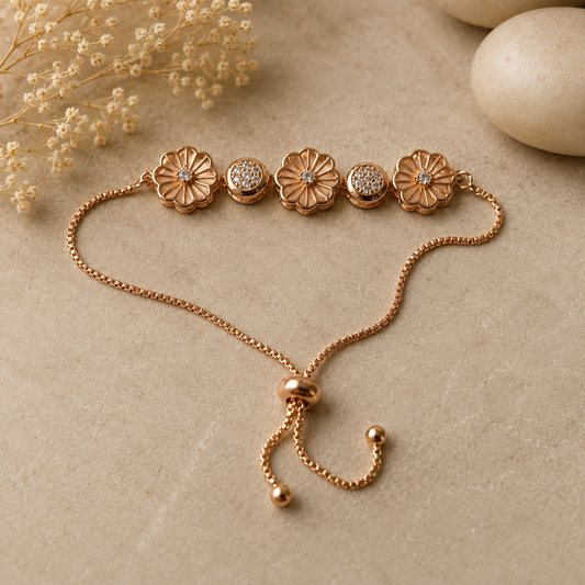 Rose Gold Floral Adjustable Bracelet for Women with American Diamond Accents | The Mirage Fashion