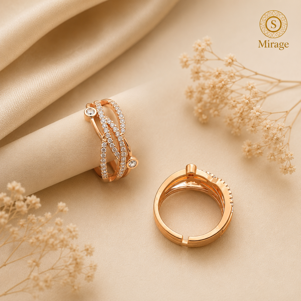 Rose Gold American Diamond Criss-Cross Ring with Sparkling CZ Stones for Women  Designer Fashion Ring  The Mirage Fashion