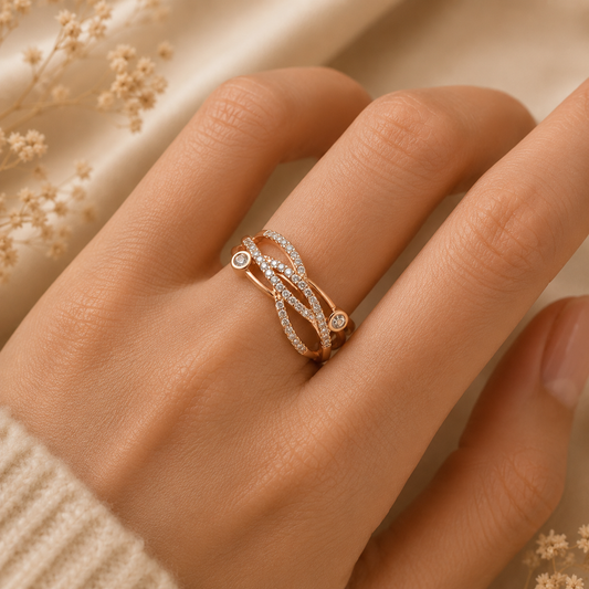 Rose Gold American Diamond Criss-Cross Ring with Sparkling CZ Stones for Women  Designer Fashion Ring  The Mirage Fashion