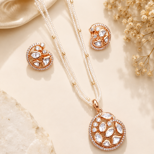 Rose Gold American Diamond Pearl Pendant Set with Multi-Layer Pearl Chain and Matching Earrings | The Mirage Fashion