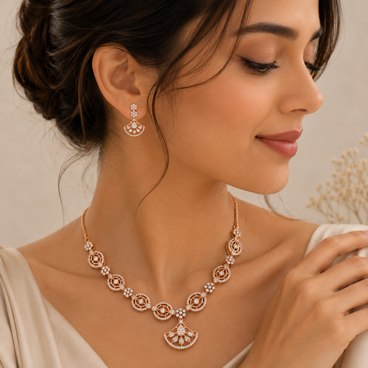 Rose gold American Diamond necklace set with matching designer earrings for bridal and party wear by The Mirage Fashion.