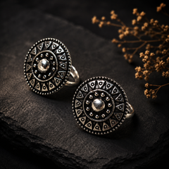 Oxidized silver traditional round toe rings for women with intricate Indian design