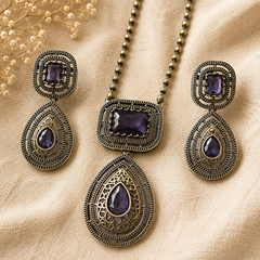 Royal amethyst purple stone antique pendant necklace set with matching earrings for women by The Mirage Fashion.