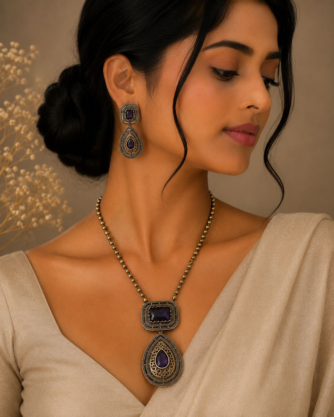 Royal amethyst purple stone antique pendant necklace set with matching earrings for women by The Mirage Fashion.