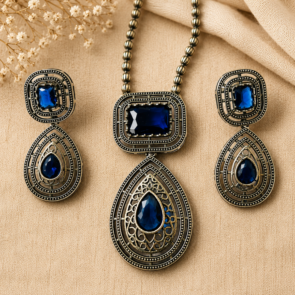 Royal Blue Vintage Statement Pendant Set for Women | The Mirage Fashion
