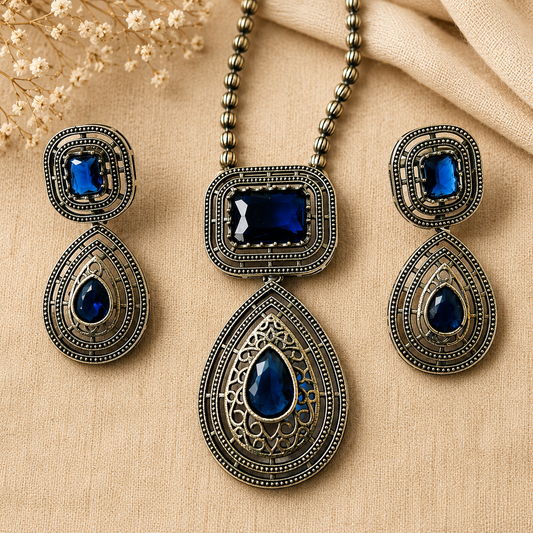 Royal Blue Vintage Statement Pendant Set for Women | The Mirage Fashion