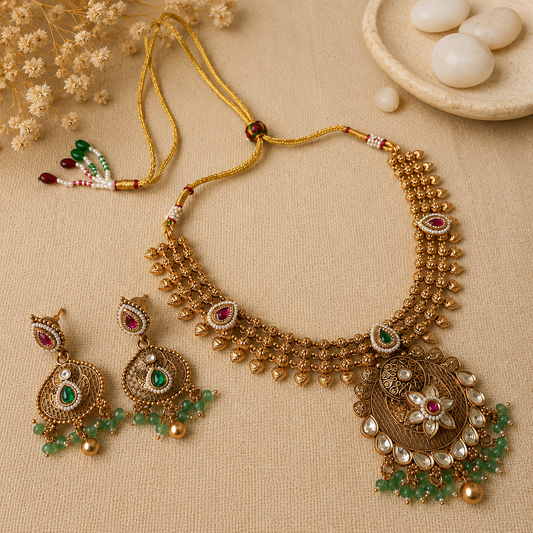 Royal Kundan necklace set with green beads, pearl accents, and matching earrings in antique gold finish.
