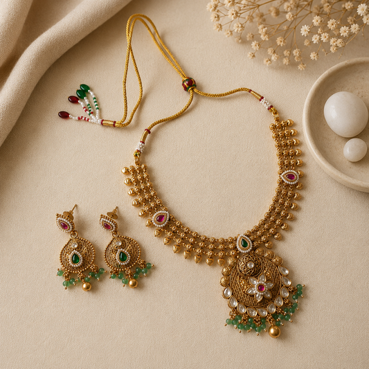 Royal Kundan necklace set with green beads, pearl accents, and matching earrings in antique gold finish.