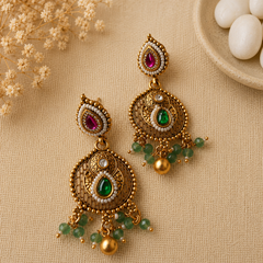 Royal Kundan necklace set with green beads, pearl accents, and matching earrings in antique gold finish. - earrings 