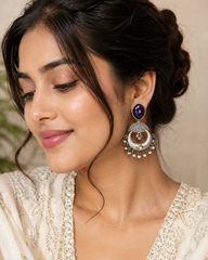 Royal Amethyst Oxidized Chandbali Earrings – Pearl Tassel Crescent Moon Drop Earrings for Women | Statement Ethnic Jewelry | The Mirage Fashion