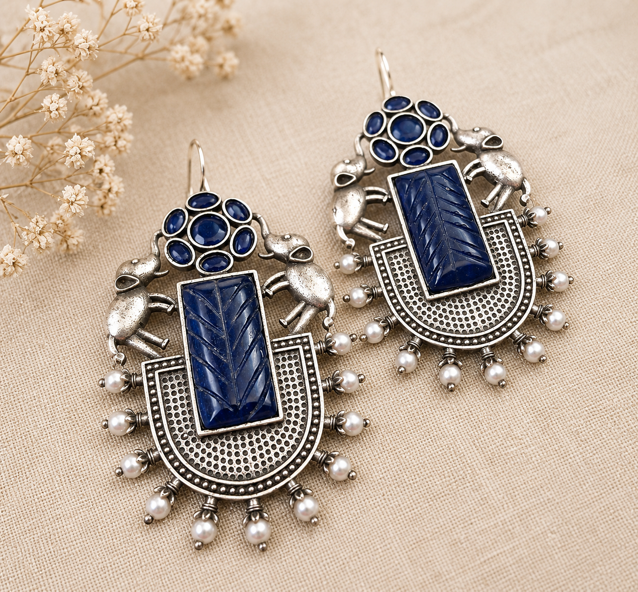 Royal Blue Tribal Elephant Statement Earrings for Women – Oxidized Silver Pearl Drop Earrings  Ethnic & Boho Jewelry  The Mirage Fashion 