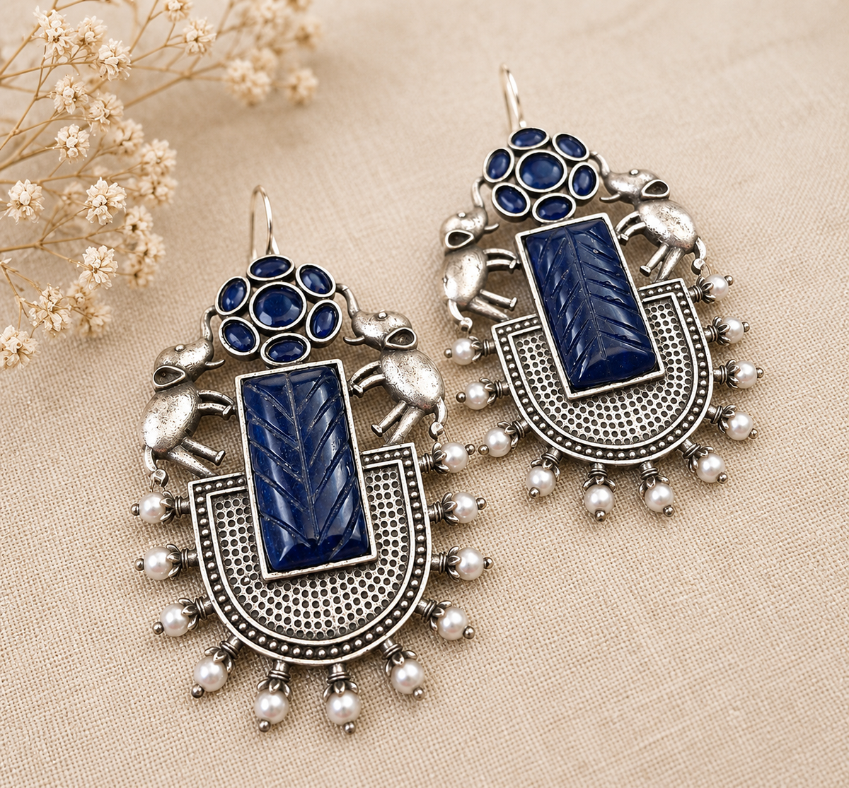 Royal Blue Tribal Elephant Statement Earrings for Women – Oxidized Silver Pearl Drop Earrings  Ethnic & Boho Jewelry  The Mirage Fashion 