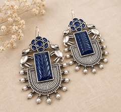 Royal Blue Tribal Elephant Statement Earrings for Women – Oxidized Silver Pearl Drop Earrings  Ethnic & Boho Jewelry  The Mirage Fashion 