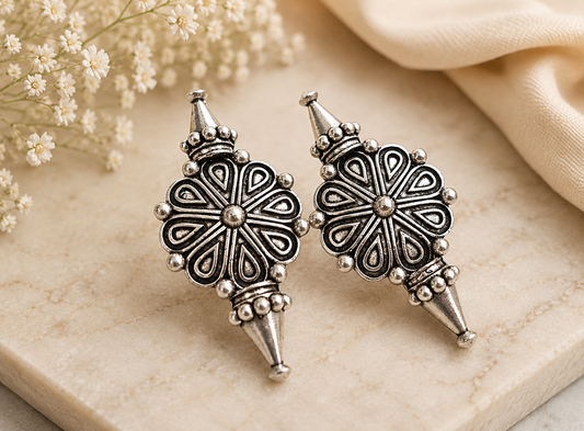 Royal Mandala Oxidized Silver Stud Earrings – Traditional Floral Statement Earrings for Women | Vintage Ethnic Jewelry | The Mirage Fashion