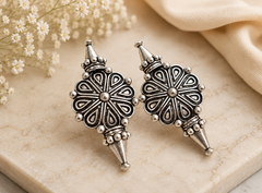 Royal Mandala Oxidized Silver Stud Earrings – Traditional Floral Statement Earrings for Women | Vintage Ethnic Jewelry | The Mirage Fashion
