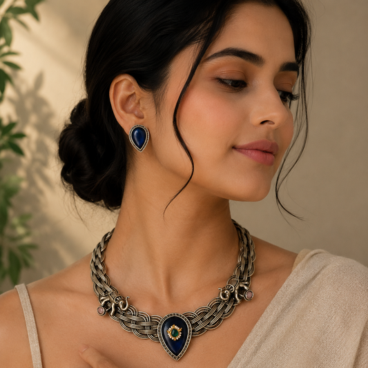 Royal Oxidised Blue Stone Necklace Set with Earrings & Ring  Vintage Statement Jewelry for Women  Hasli 