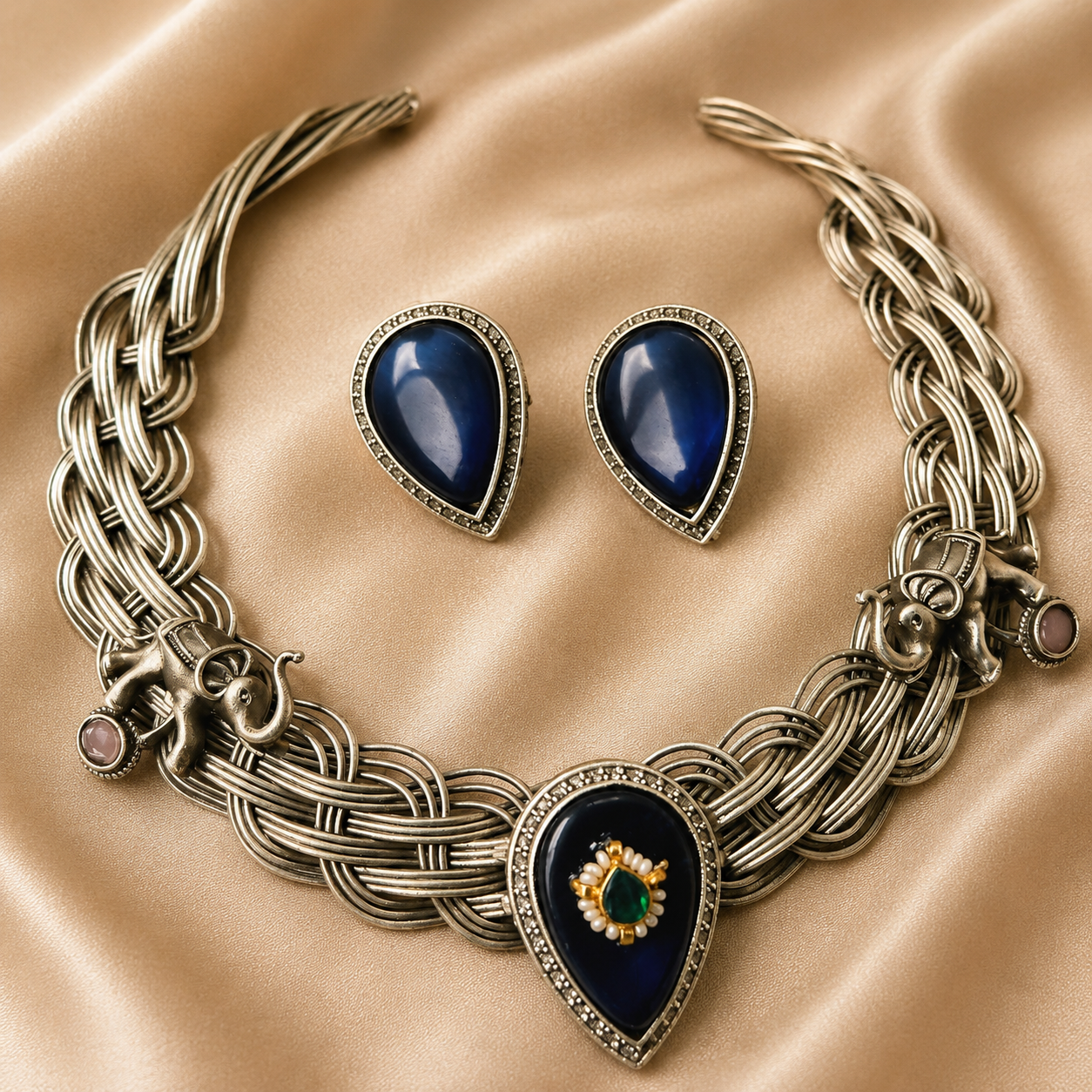 Royal Oxidised Blue Stone Necklace Set with Earrings & Ring  Vintage Statement Jewelry for Women  Hasli 