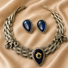 Royal Oxidised Blue Stone Necklace Set with Earrings & Ring  Vintage Statement Jewelry for Women  Hasli 