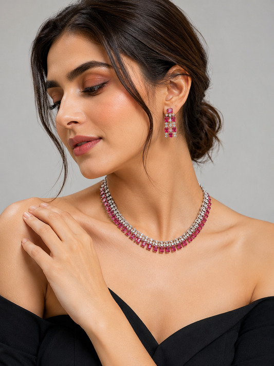 Ruby Red American Diamond Necklace Set for Women | The Mirage Fashion