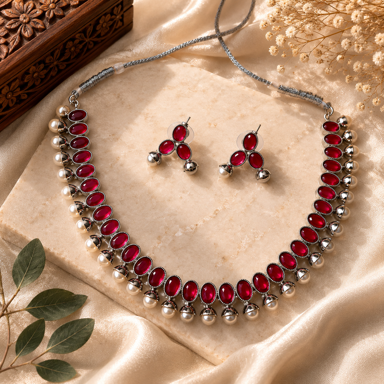 Ruby Red Stone Choker Necklace Set with Pearl Drops for Women  The Mirage Fashion
