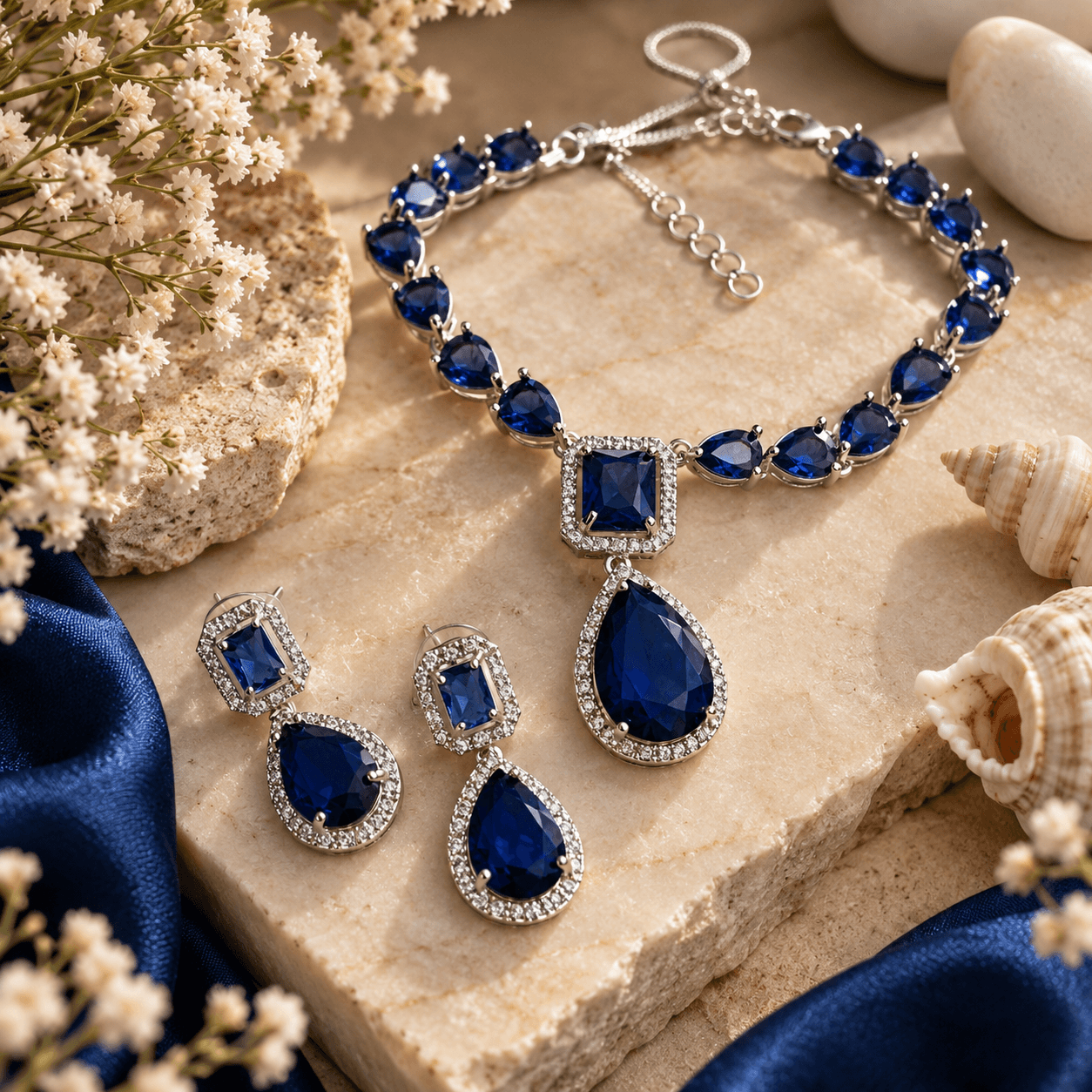 Royal blue teardrop crystal necklace with silver-tone detailing, sparkling clear stone borders and matching drop earrings