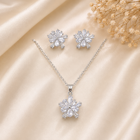 Elegant Floral Crystal Pendant Necklace & Earrings Set for Women | Silver Plated AD Jewellery | The Mirage Fashion